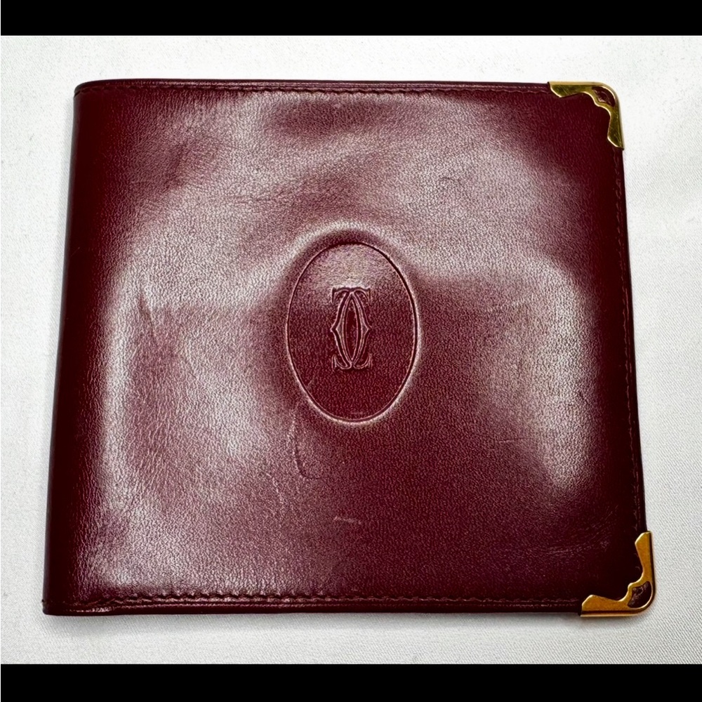 Cartier two-fold wallet mast line Bordeaux leather Authentic with COA!